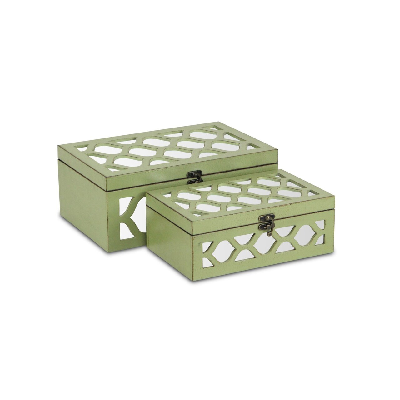 Contemporary Home Living Set of 2 Green Rectangle Storage Boxes with Overlayed Mirror Panels 11.75"